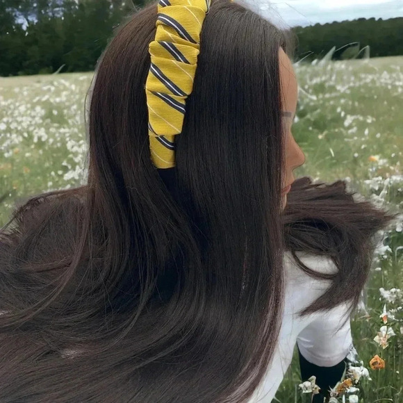 Yellow Striped Preppy Classic Crown Silk Handmade Headband Hair Accessory - Picture 2 of 10